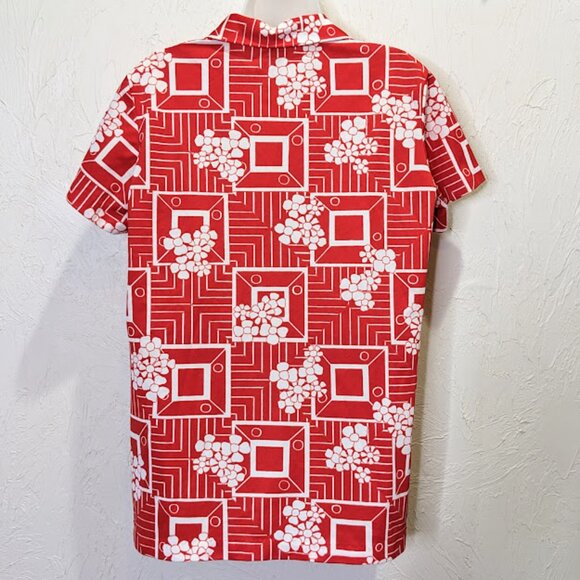 Vintage 1970s Tropical Print Camp Shirt Women's M Short Sleeve Red Button Up - Picture 3 of 6